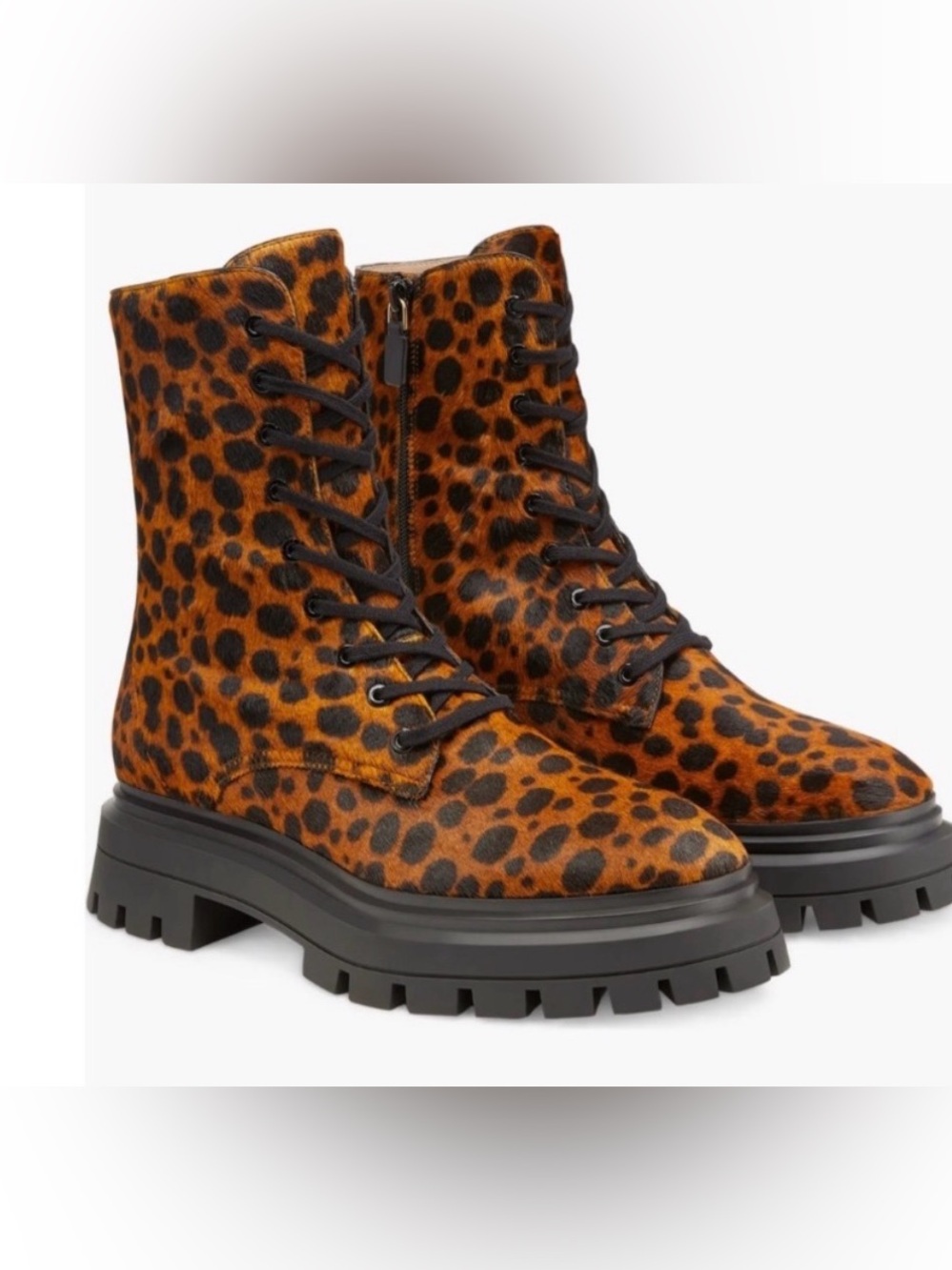 Stuart Weitzman Brown Black Leopard Print Bedford Calf Hair Combat Boots 6 NEW